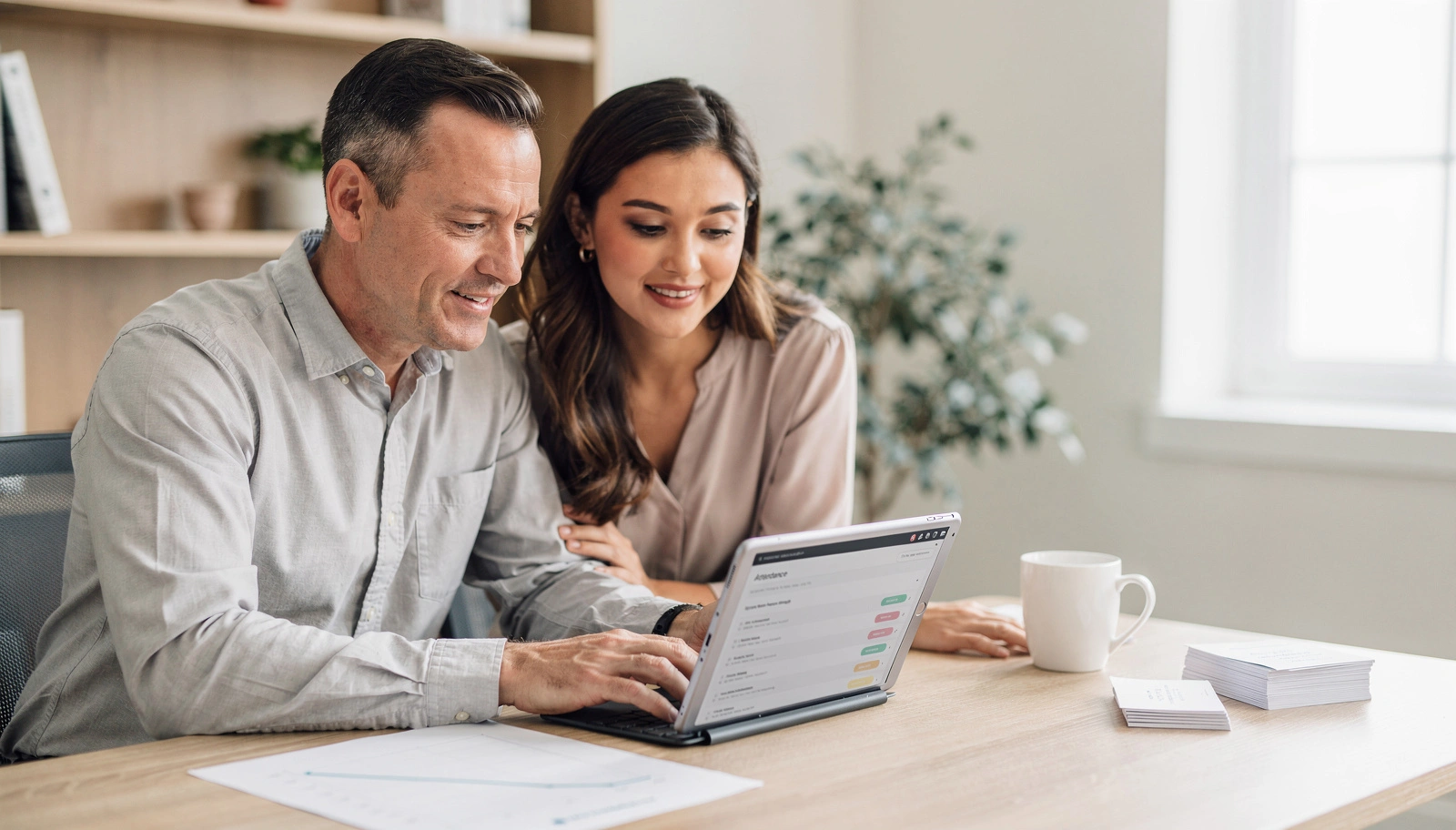 A pastor and a connections team member reviewing a tablet showing a visitor follow-up list in a bright, modern church office, with a printed attendance trend chart on the desk beside them, lit by cool diffused daylight from a nearby window in the 5500-6500K range