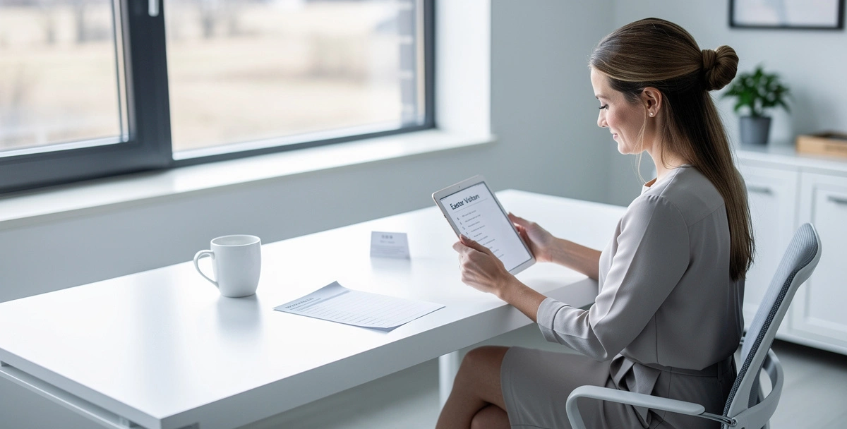 A church staff member reviewing a list of Easter visitor contacts on a tablet at a bright office desk, with a printed visitor card and a coffee cup nearby, lit by cool natural daylight from a nearby window