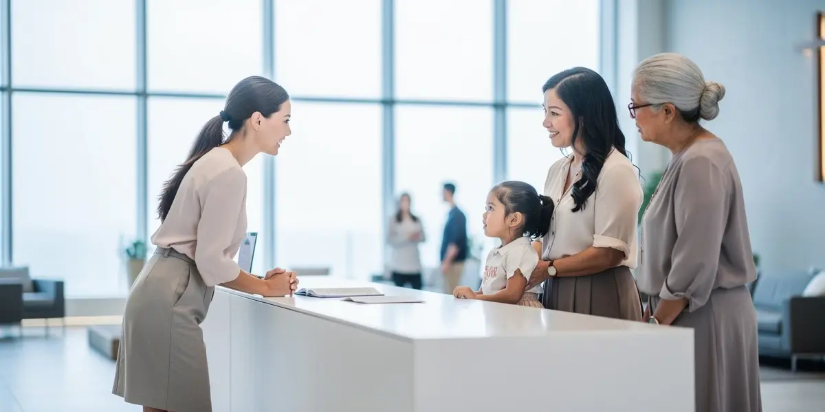 A church welcome team member in modest business-casual attire greeting a multigenerational family — a young woman, her mother, and a small child — at a bright, modern church lobby welcome desk on a Sunday morning, lit by cool diffused daylight from large windows in the 5500-6500K range