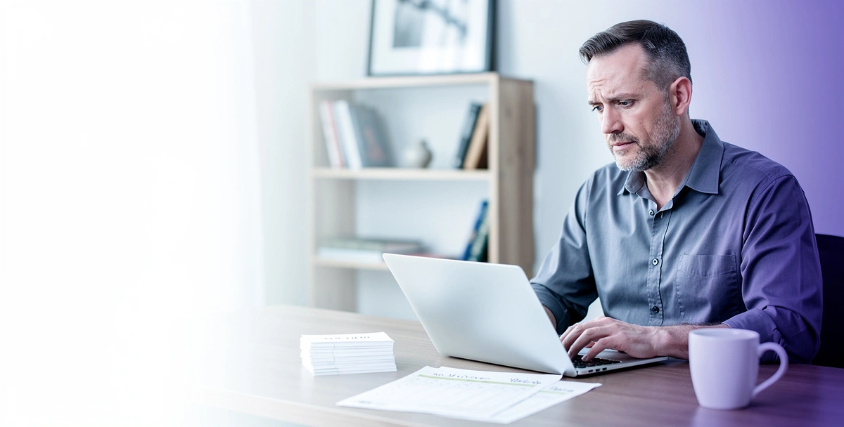 A senior pastor in his late forties in modest button-down attire, sitting at a tidy church office desk in the early evening, glancing up from a laptop screen with a stack of paper visitor cards and a printed schedule beside him, lit by cool natural daylight from a nearby window in the 5500-6500K range