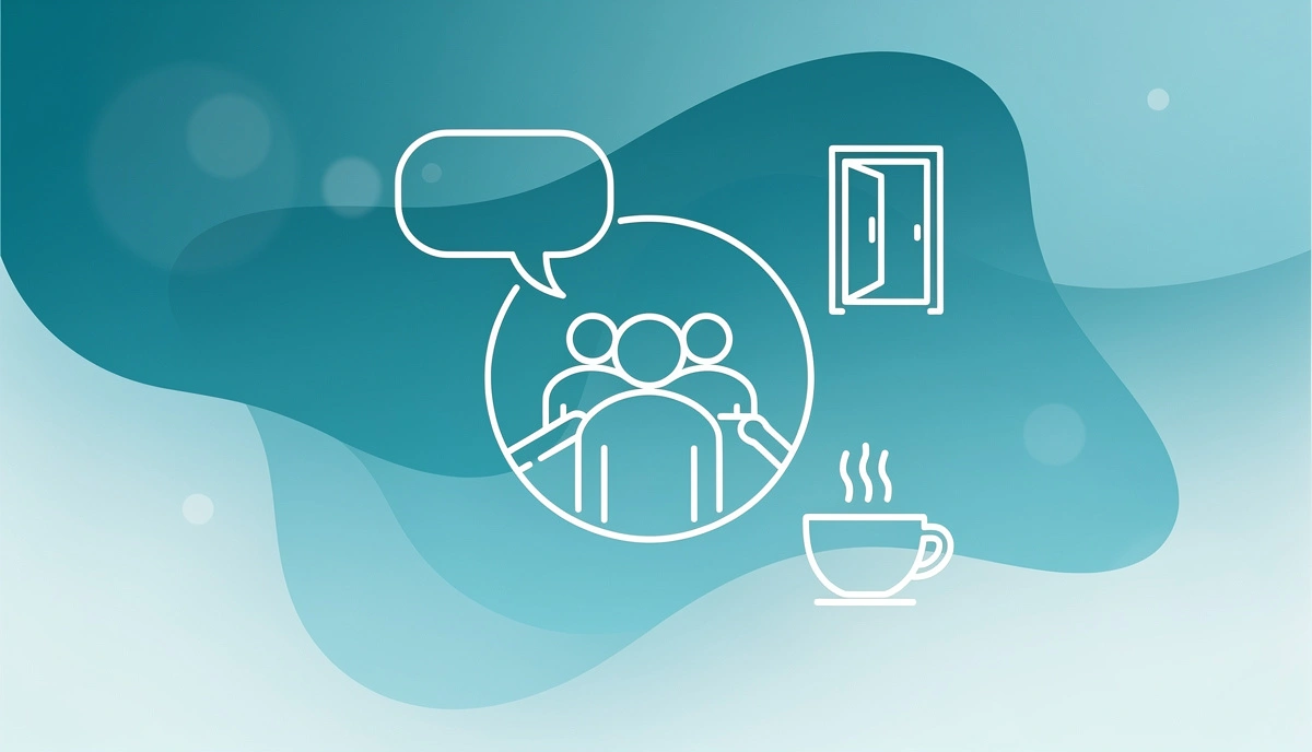 Teal gradient illustration with white line-art figures gathered in community, speech bubble, open door, and coffee cup