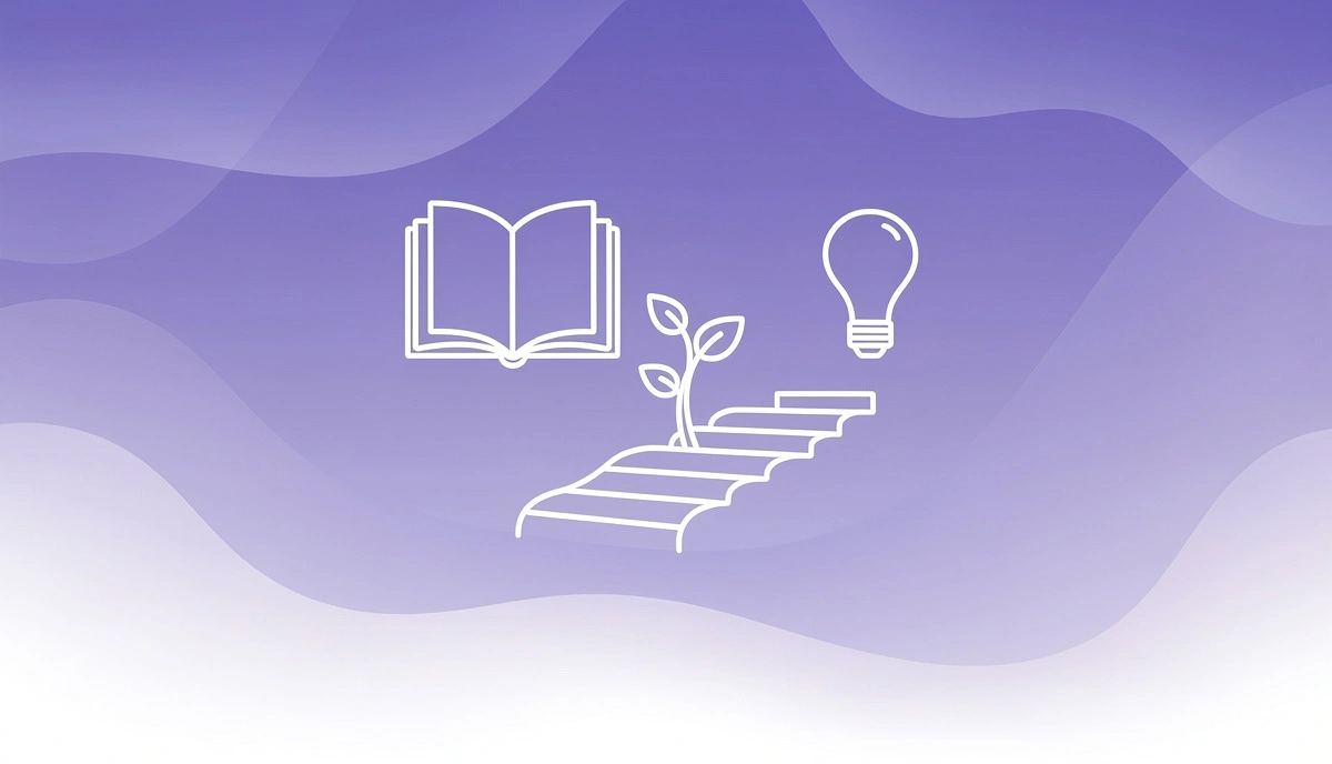 Violet gradient illustration with white line-art open book, seedling growing from ascending steps, and lightbulb