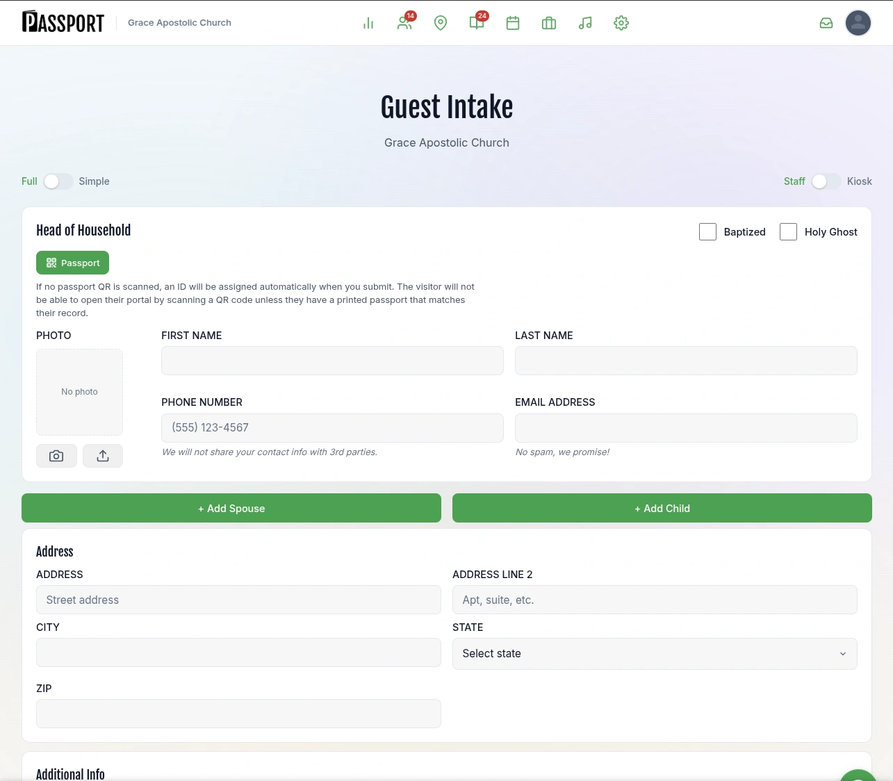 Guest intake form with family and contact fields
