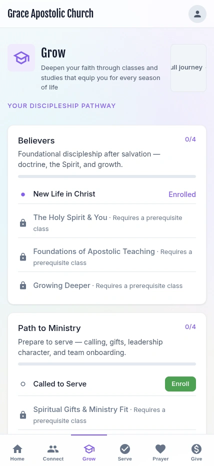 Grow tab showing discipleship pathways and classes with prerequisites