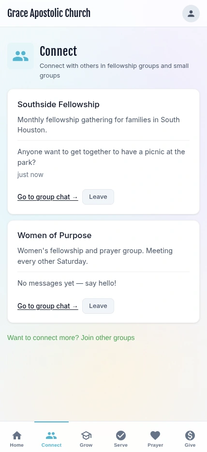 Connect tab showing fellowship groups with chat and join options
