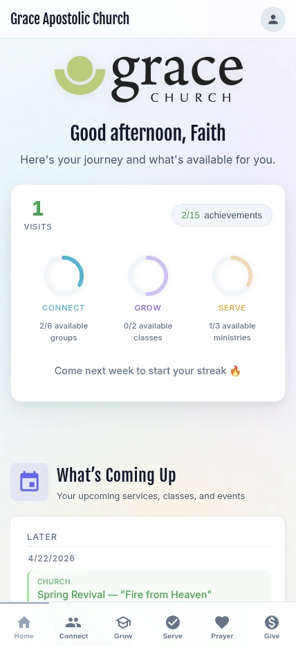 Portal home screen with personalized greeting, visit tracking, and engagement progress