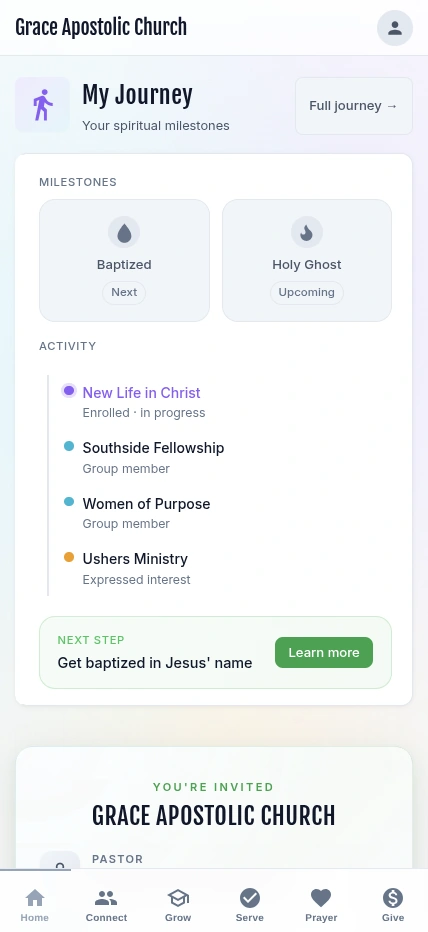 My Journey view showing spiritual milestones, activity feed, and next steps