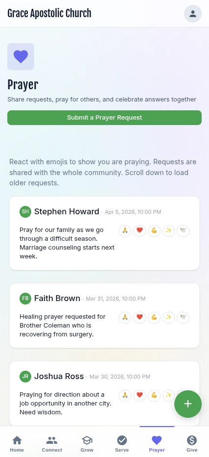 Prayer wall with community prayer requests and emoji reactions