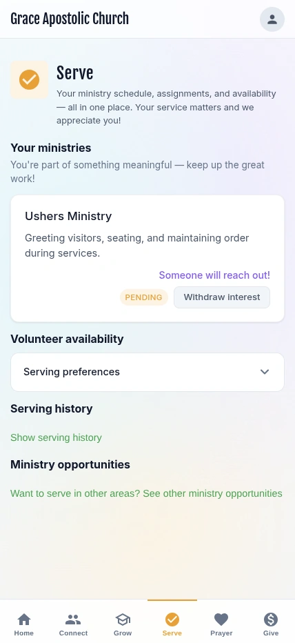 Serve tab showing ministry assignments and volunteer availability