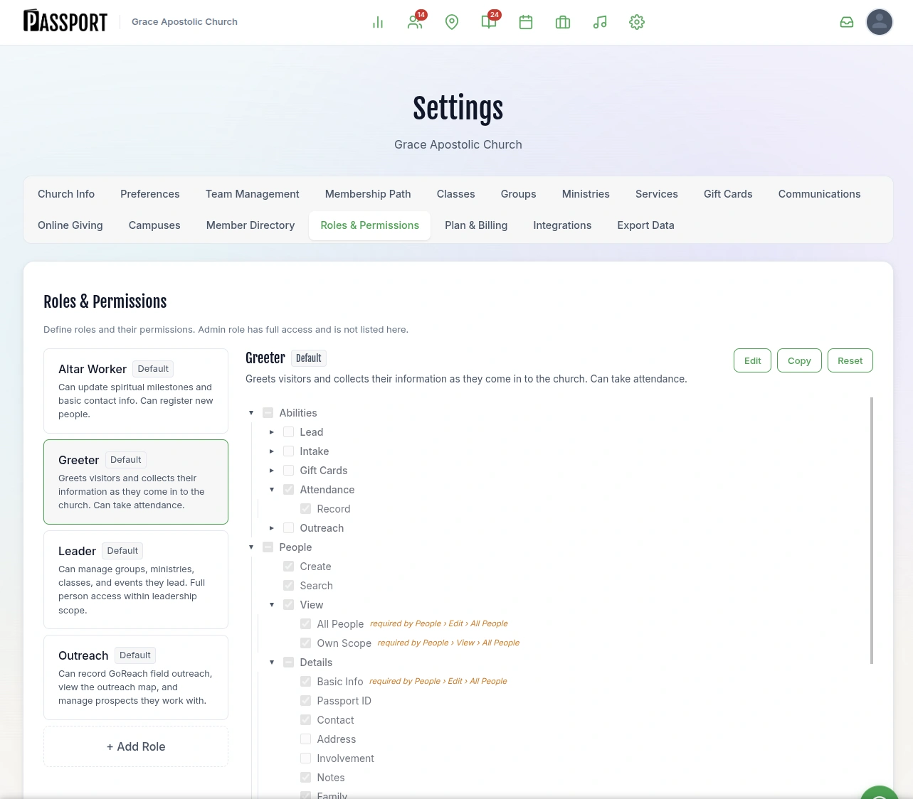 Settings page showing role-based permissions and access control