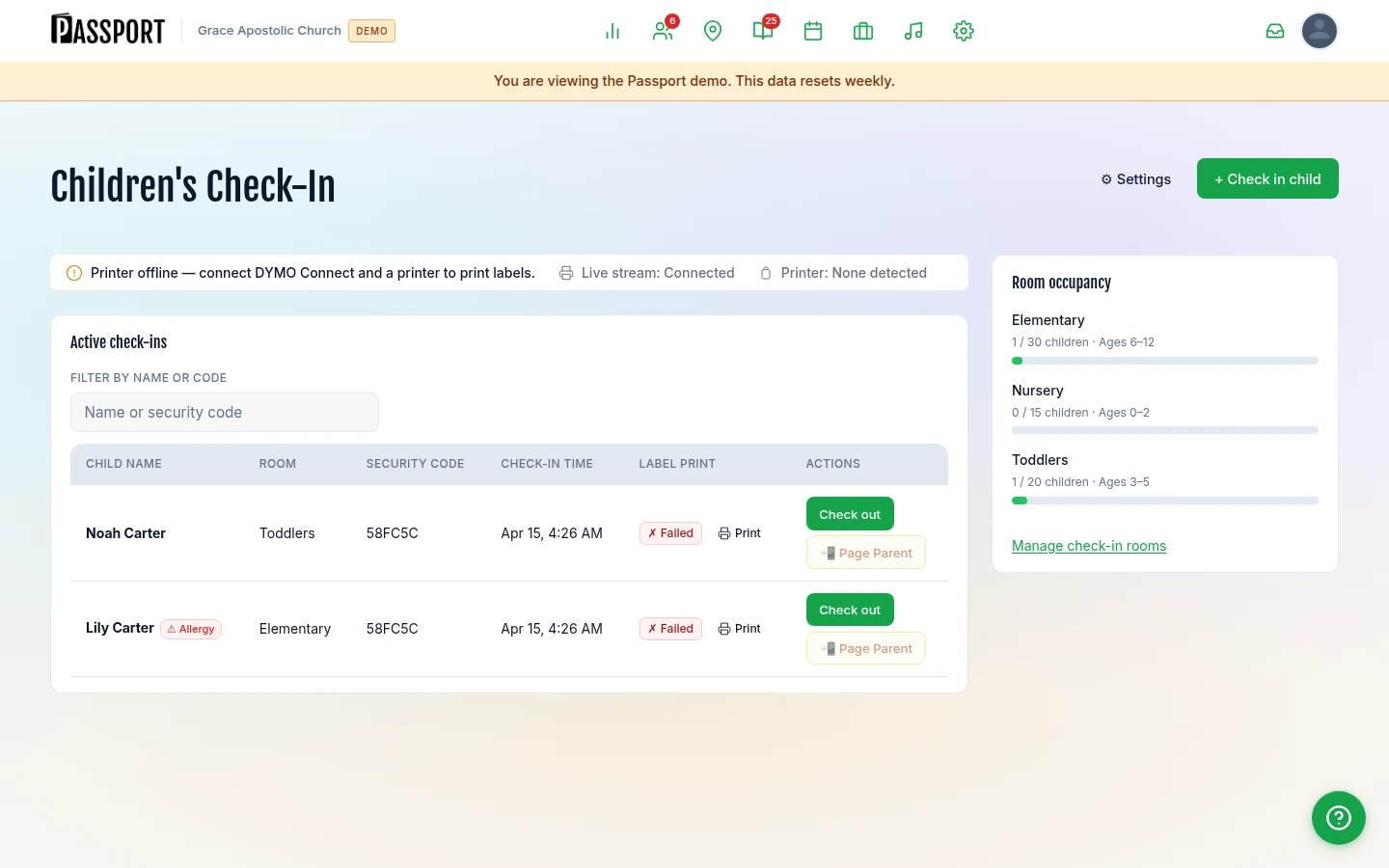 Admin dashboard showing active check-ins for Noah Carter (Toddlers) and Lily Carter (Elementary, Allergy badge), with room occupancy panel on the right