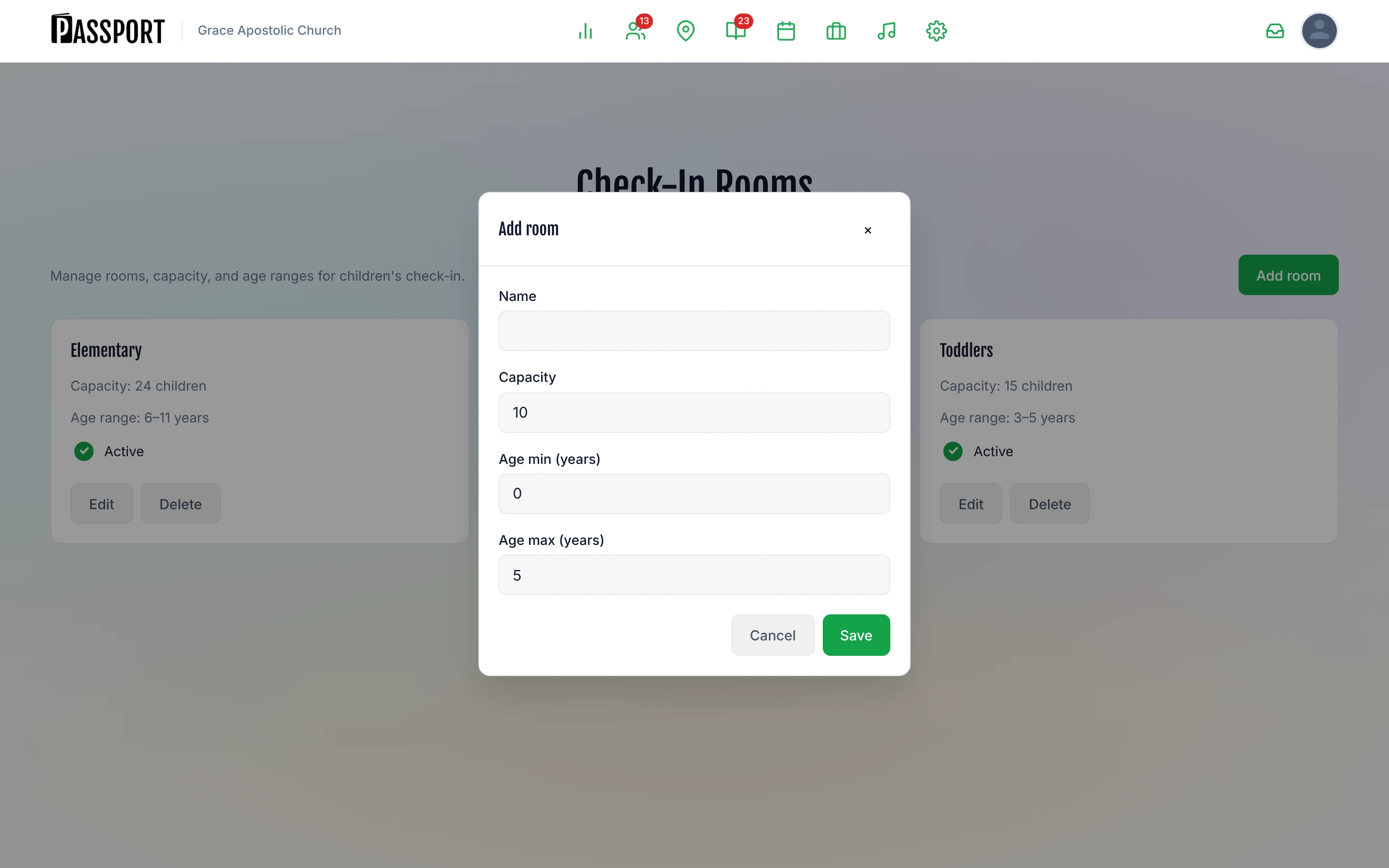 Add room modal with fields for Name, Capacity, Age min, and Age max
