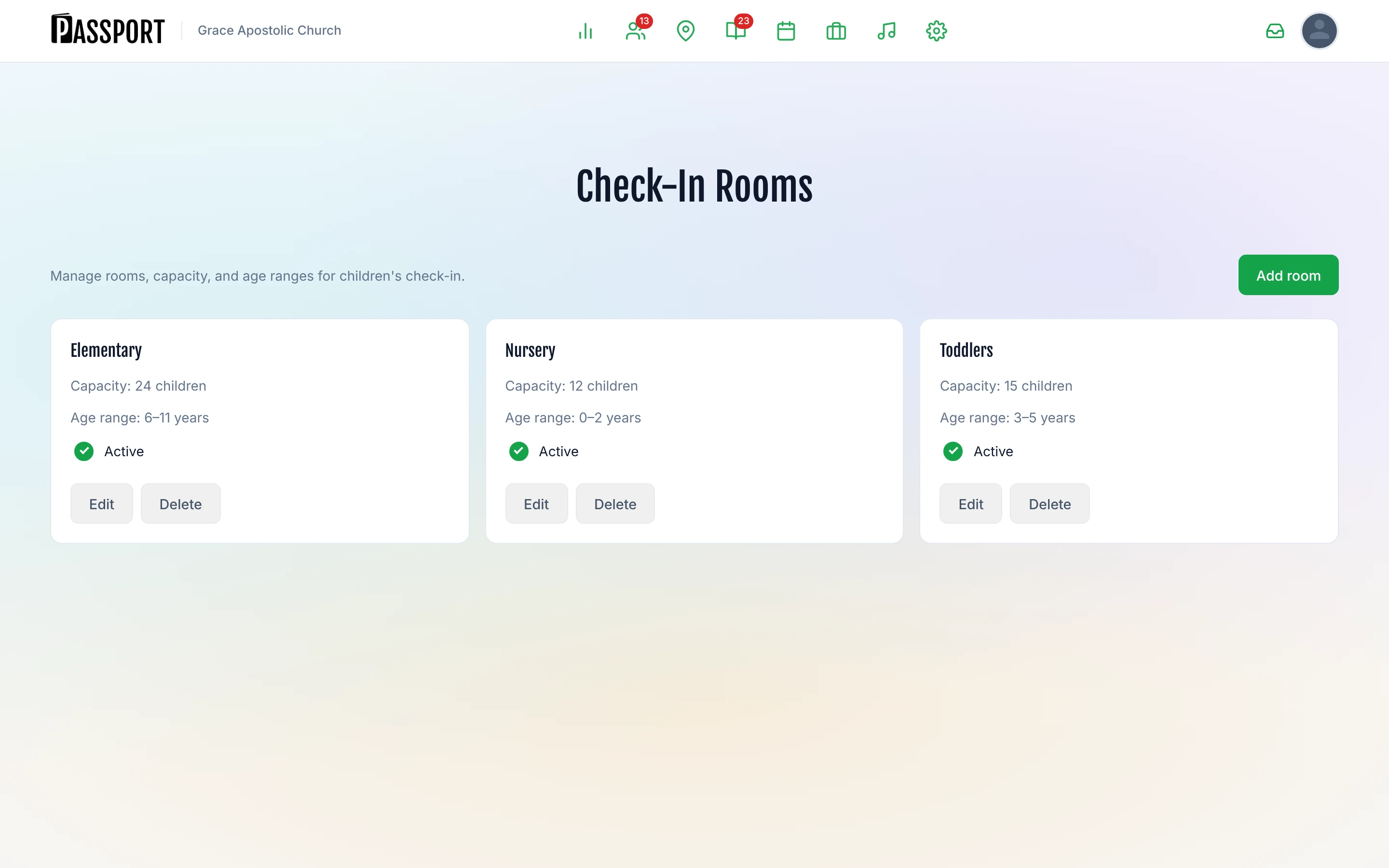 Check-In Rooms management page showing three configured rooms: Elementary, Nursery, and Toddlers