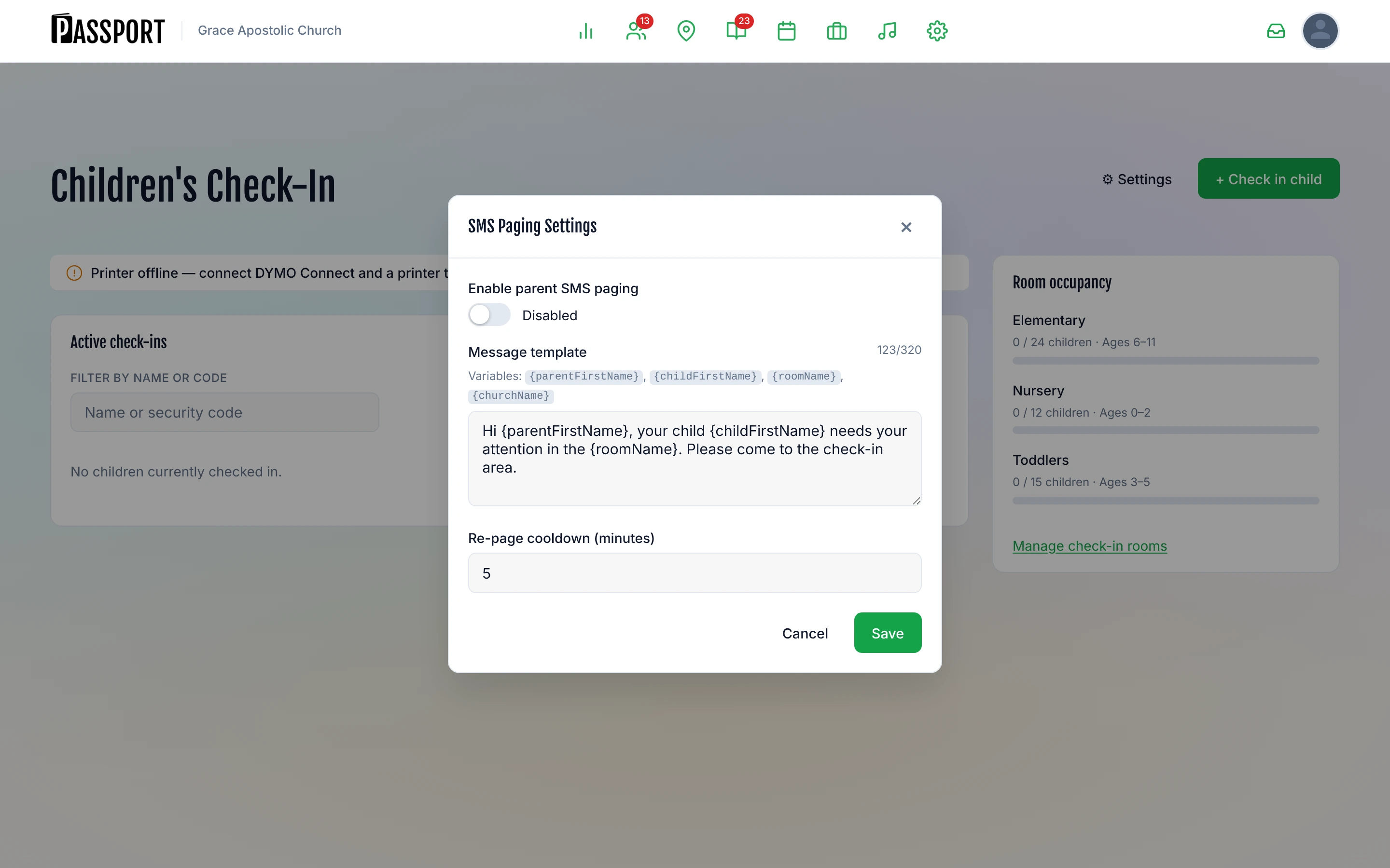 SMS Paging Settings modal showing the enable toggle, message template, and cooldown field