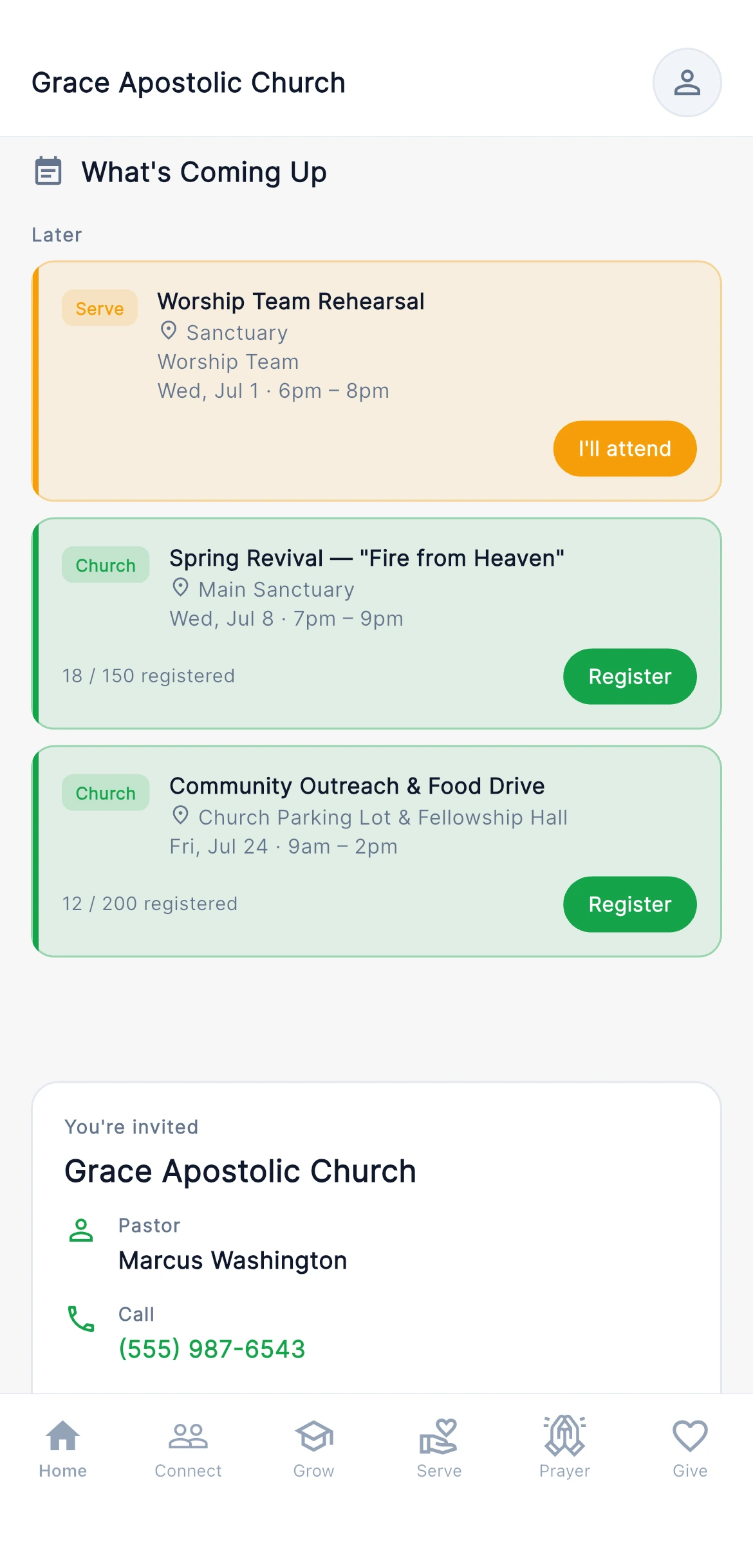The week ahead, with services, group meetings and church events in one list