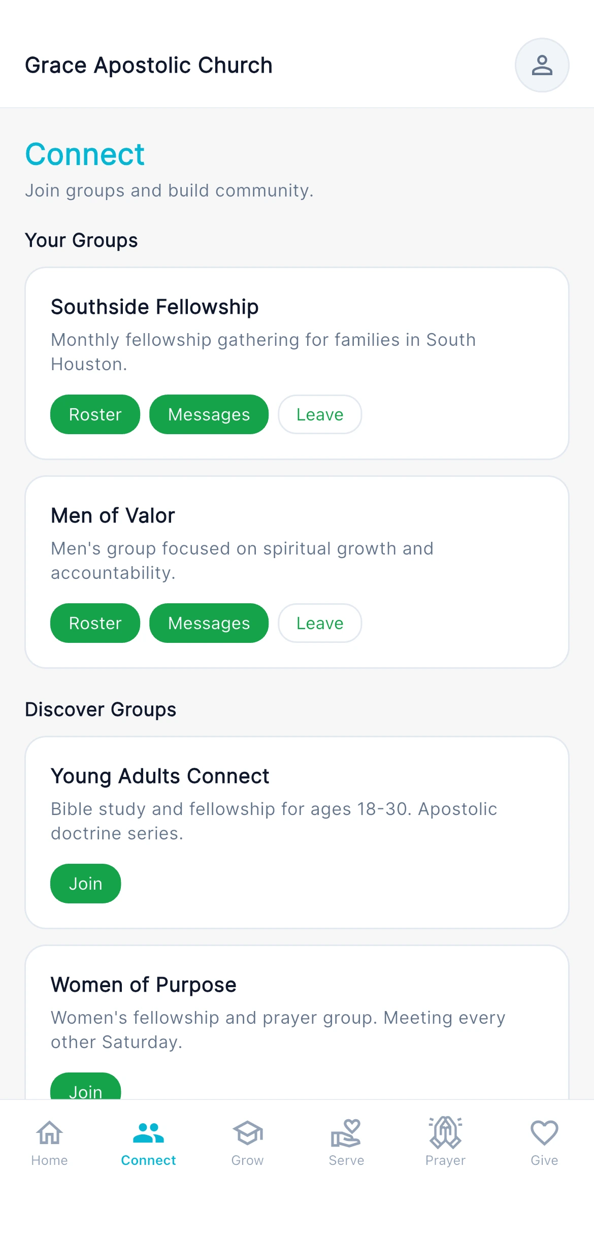 Connect — the groups a member belongs to, and the ones they can join