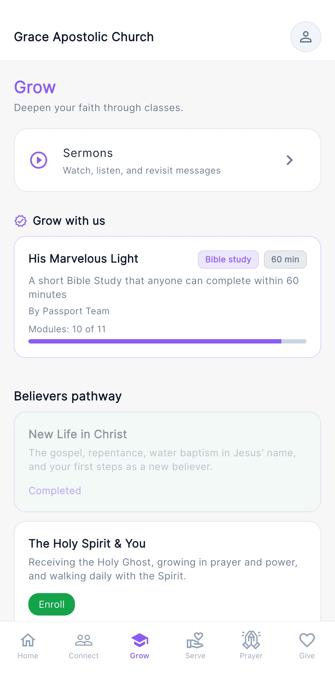 Grow — classes a member is enrolled in, with their progress through each