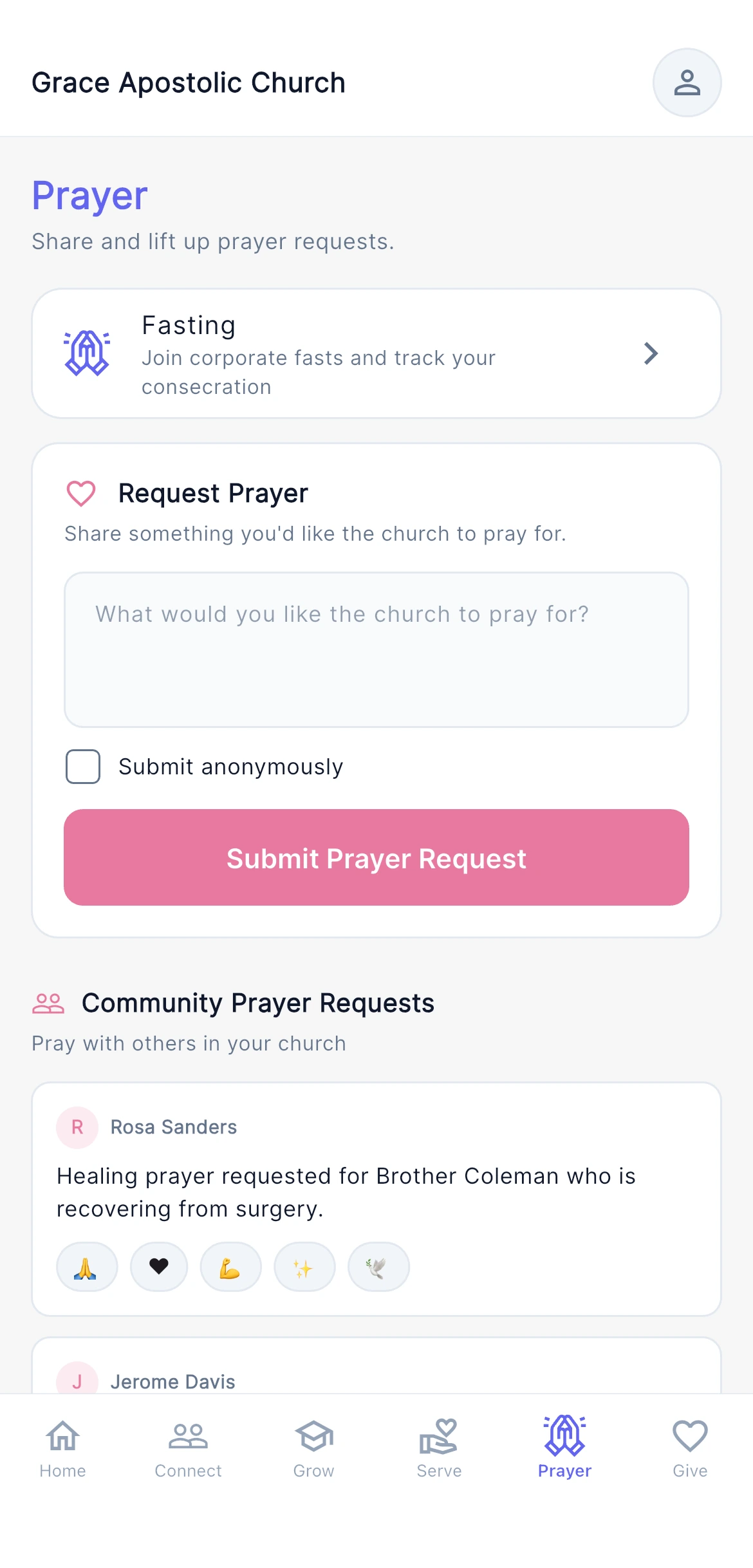 Prayer — the prayer wall, with requests from across the congregation