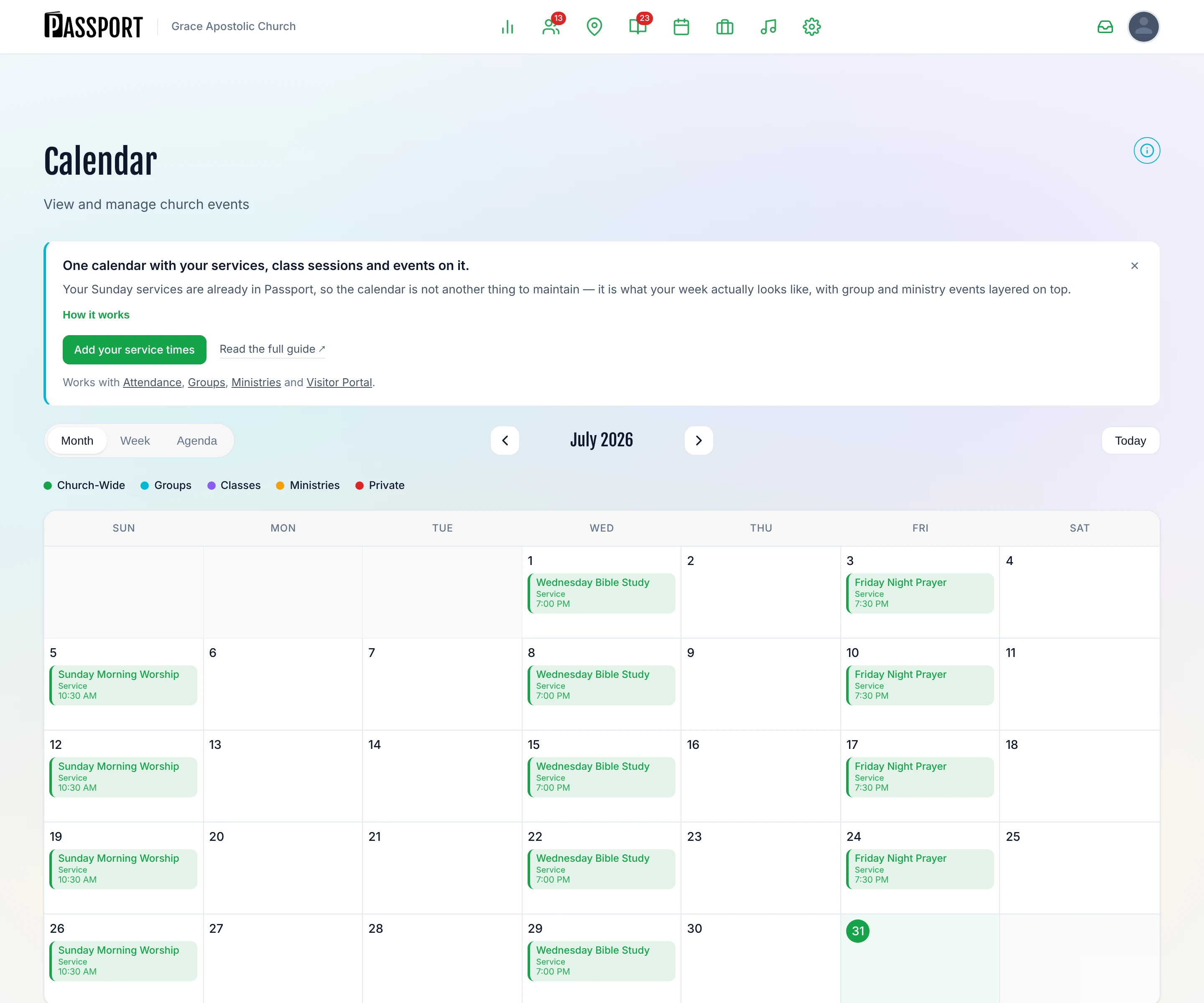 The calendar in month view, with recurring services, a church event and ministry events on the same grid