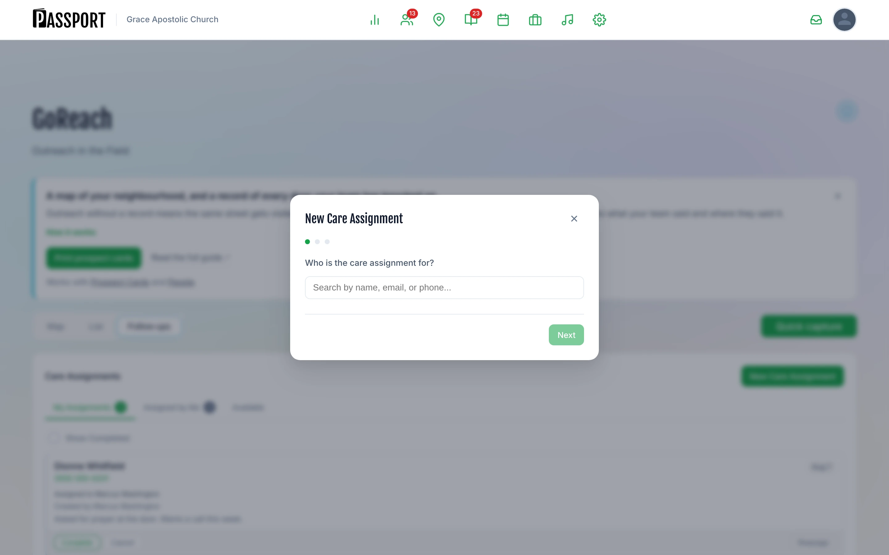 New Care Assignment form showing Person search, Assignee selection, and Notes/Deadline fields