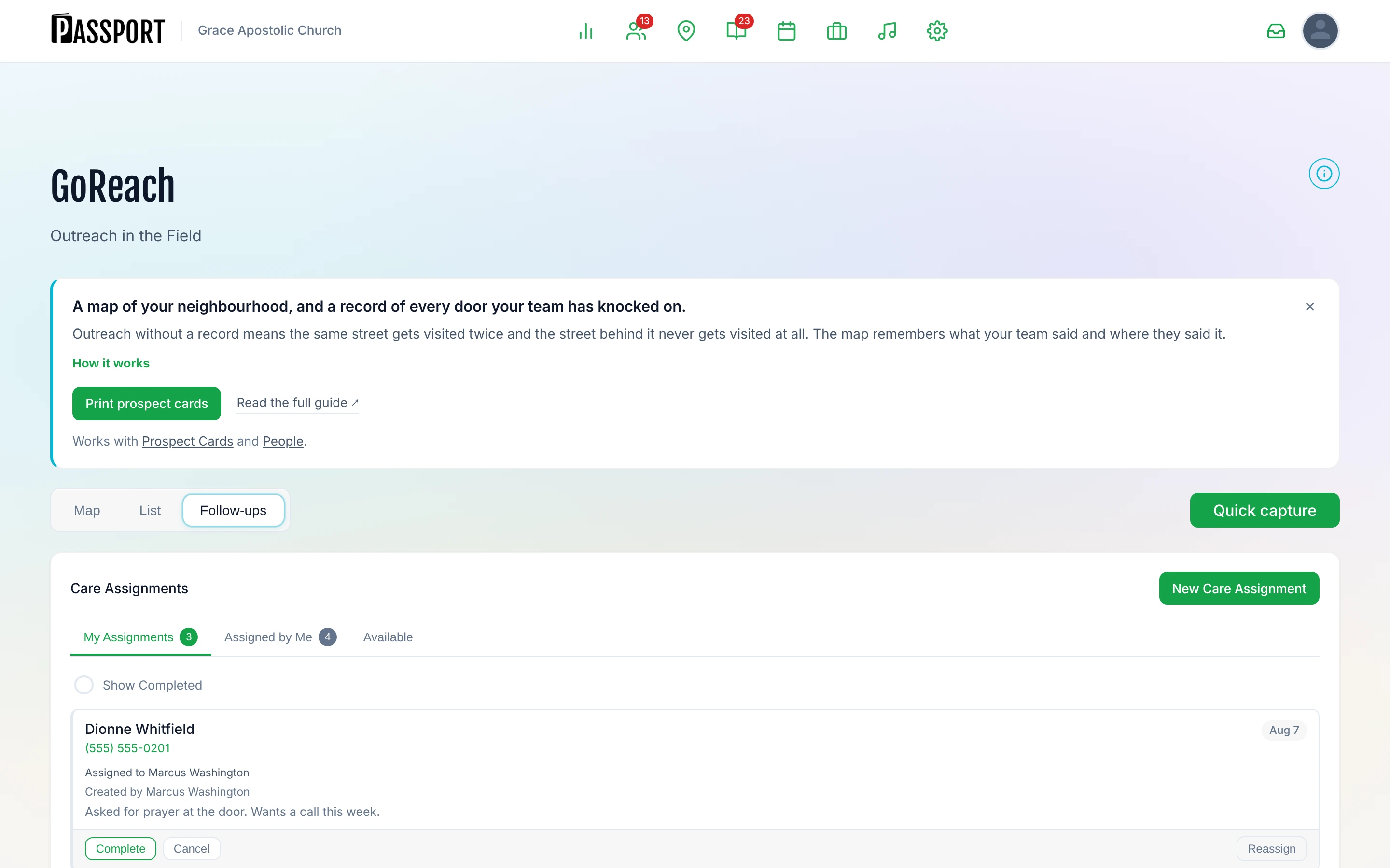 Prospect Follow-Ups page showing My Assignments, Assigned by Me, and Available tabs with the New Care Assignment button