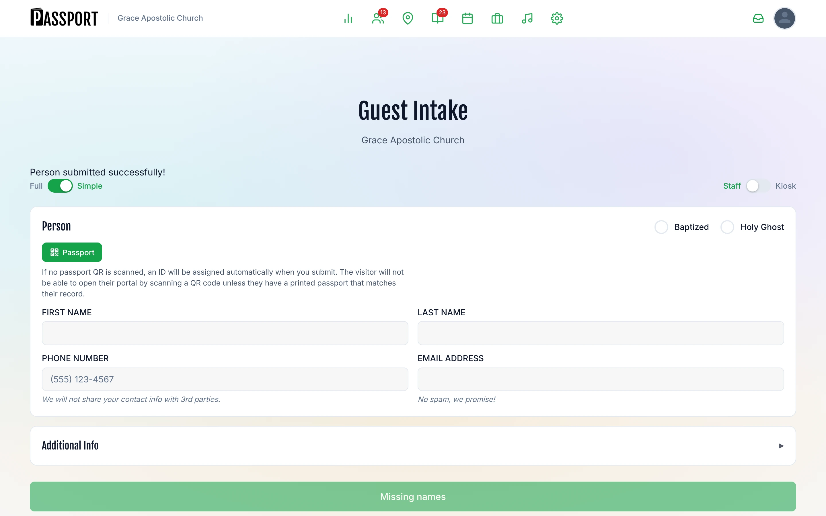 Green confirmation banner showing "Person submitted successfully" after submitting the intake form