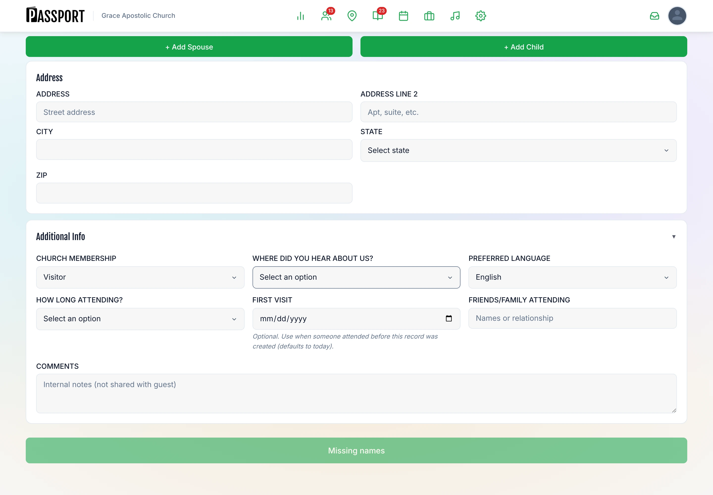 Full mode form showing the Additional Info section with referral, language, and attendance fields