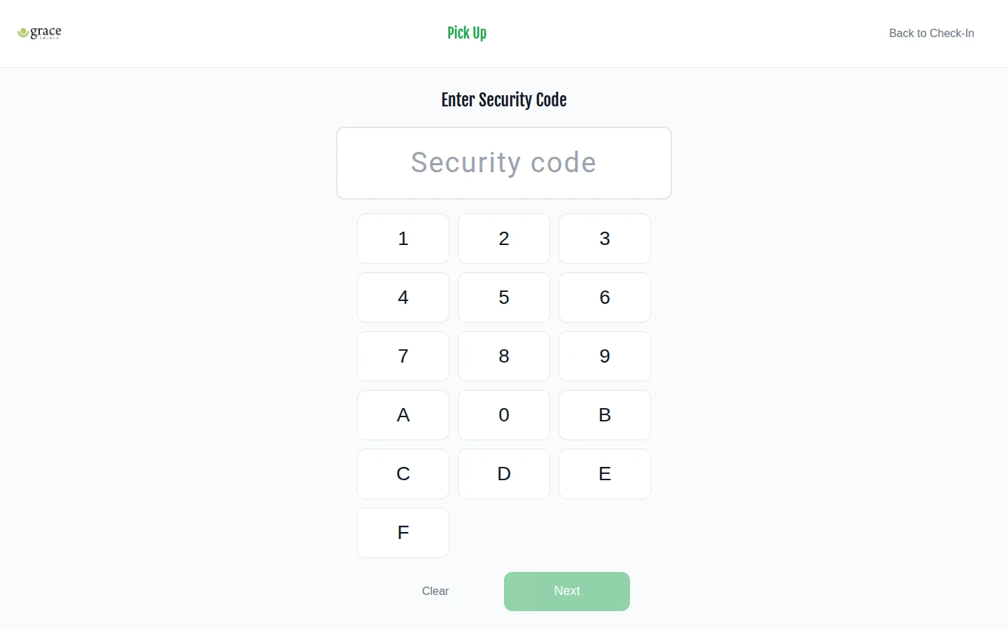 Pick Up screen showing an alphanumeric security code keypad