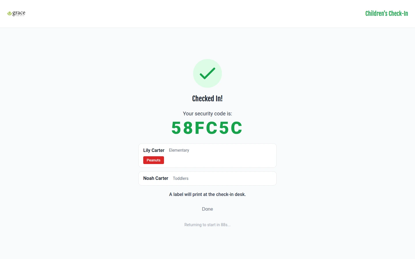 Check-in confirmation screen showing security code 58FC5C with Lily in Elementary and Noah in Toddlers