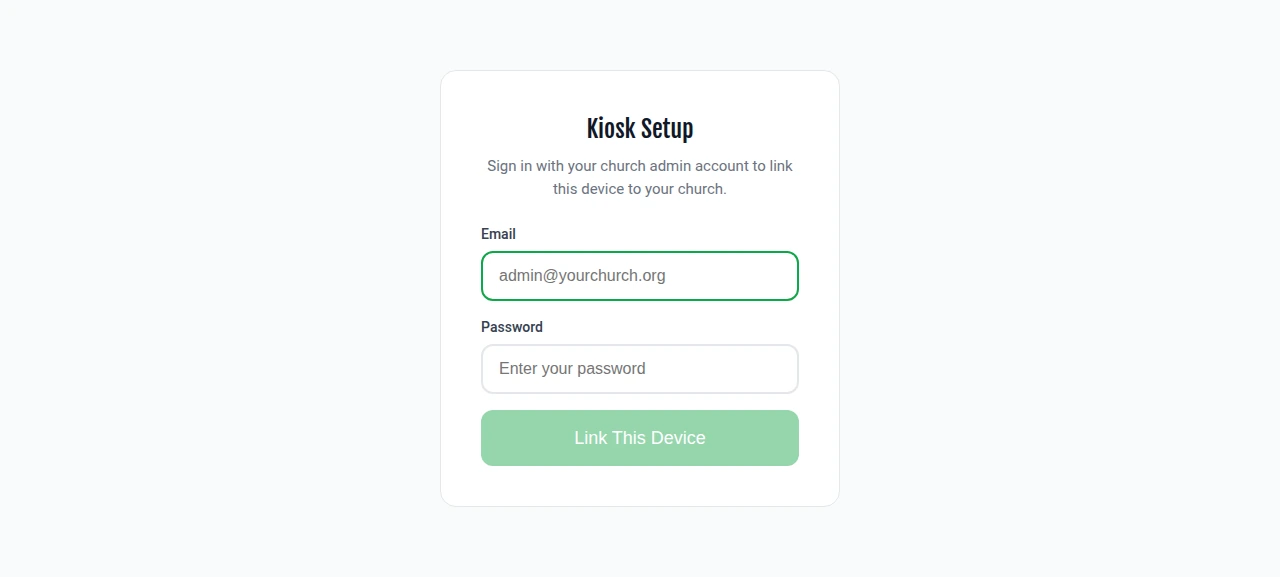 Kiosk Setup screen with email and password fields and a Link This Device button