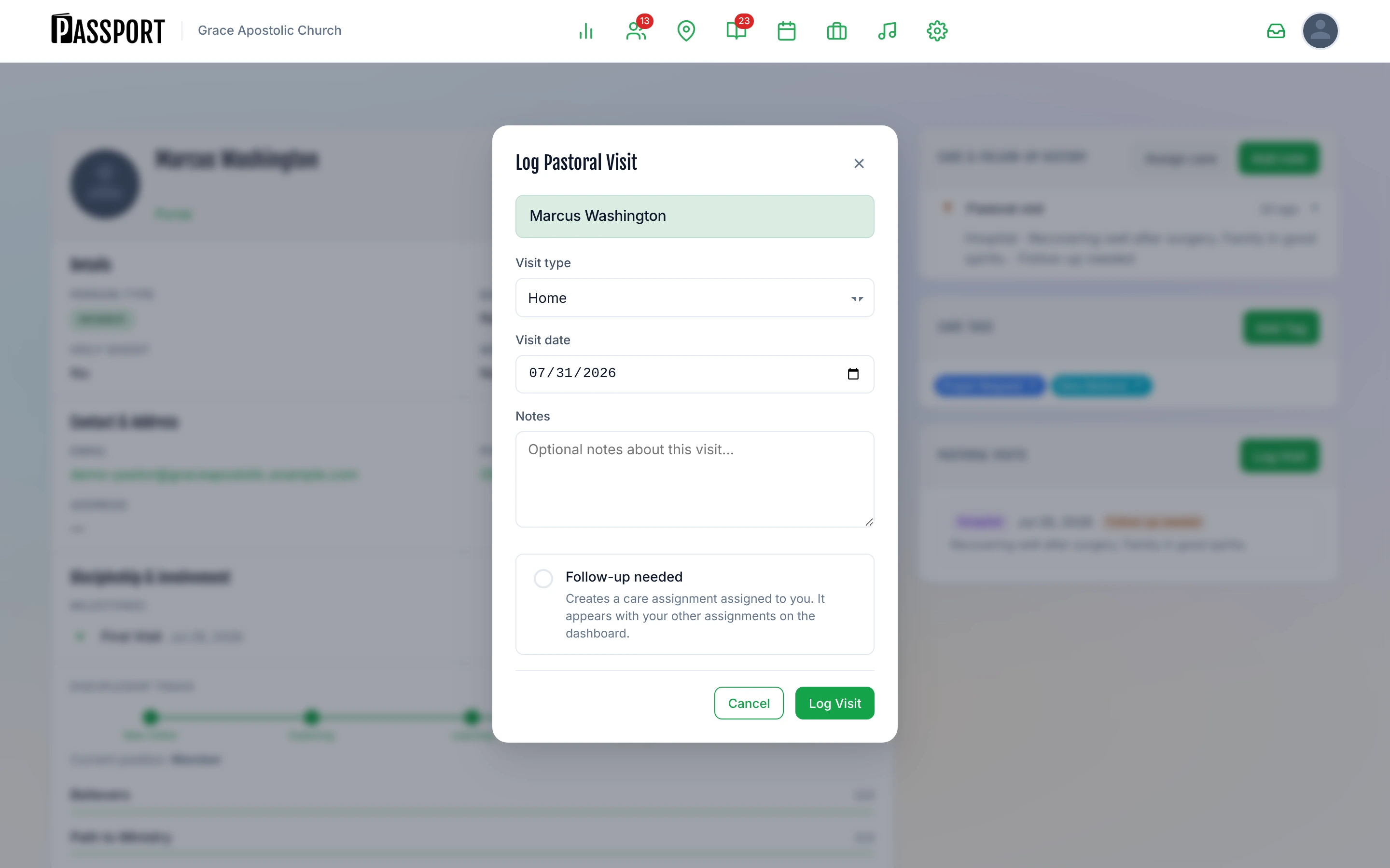 Log Visit form showing Visit Type dropdown, Visit Date, Notes textarea, and Follow-up needed checkbox