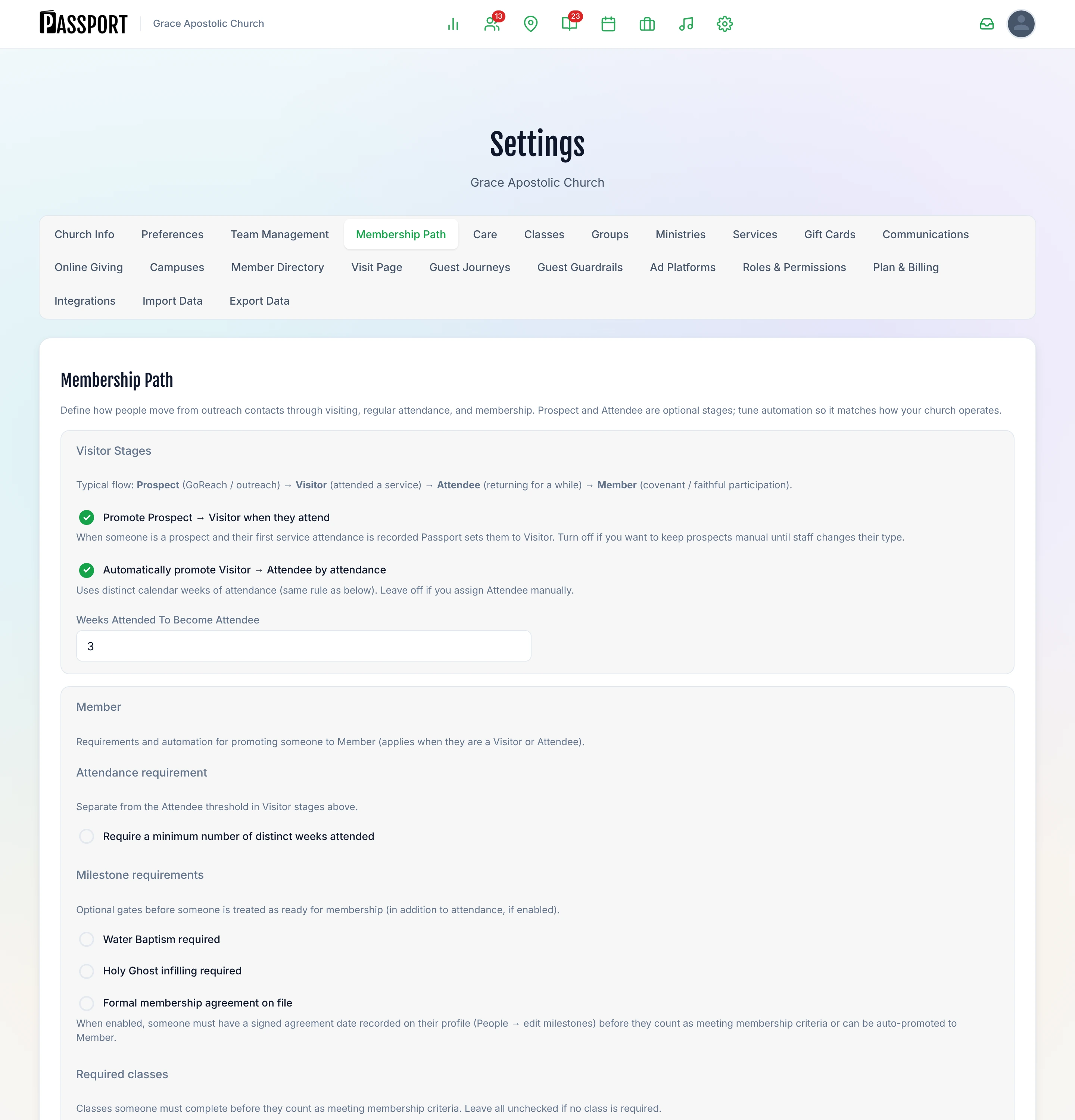 Membership Path settings showing Visitor Stages checkboxes and Member criteria toggles
