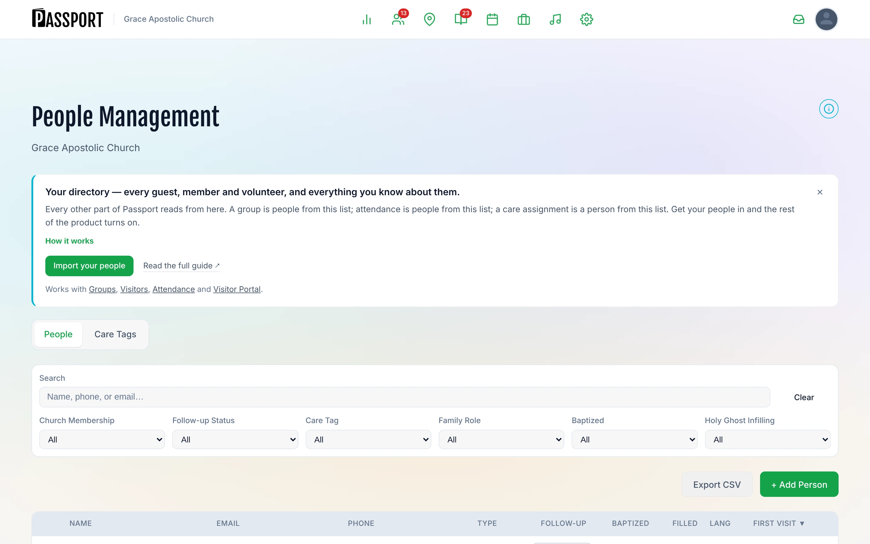 People section showing Intake, Connection Card and Guests sub-navigation links