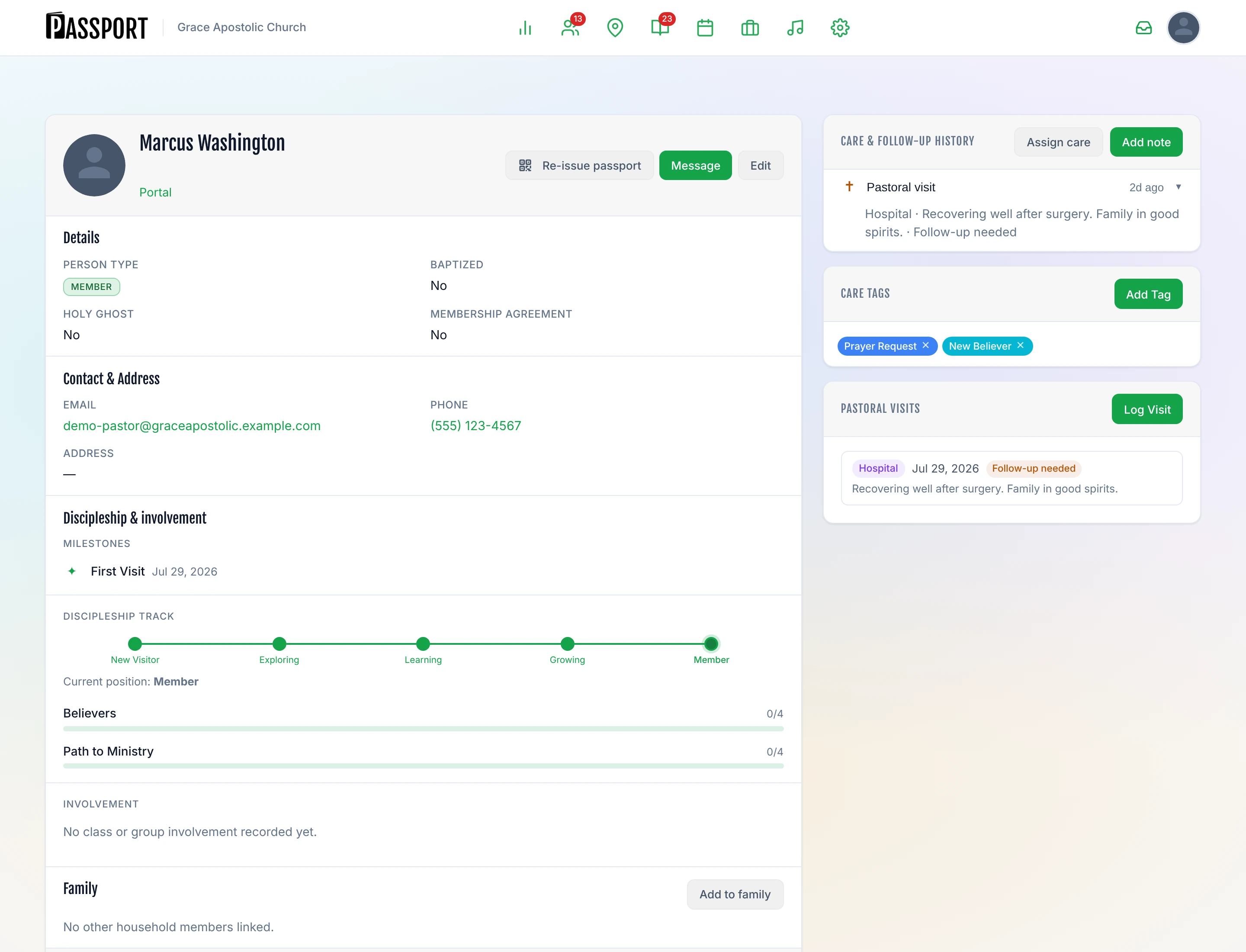 Person profile sidebar showing Care Tags section with Prayer Request and New Believer tags applied as colored pills