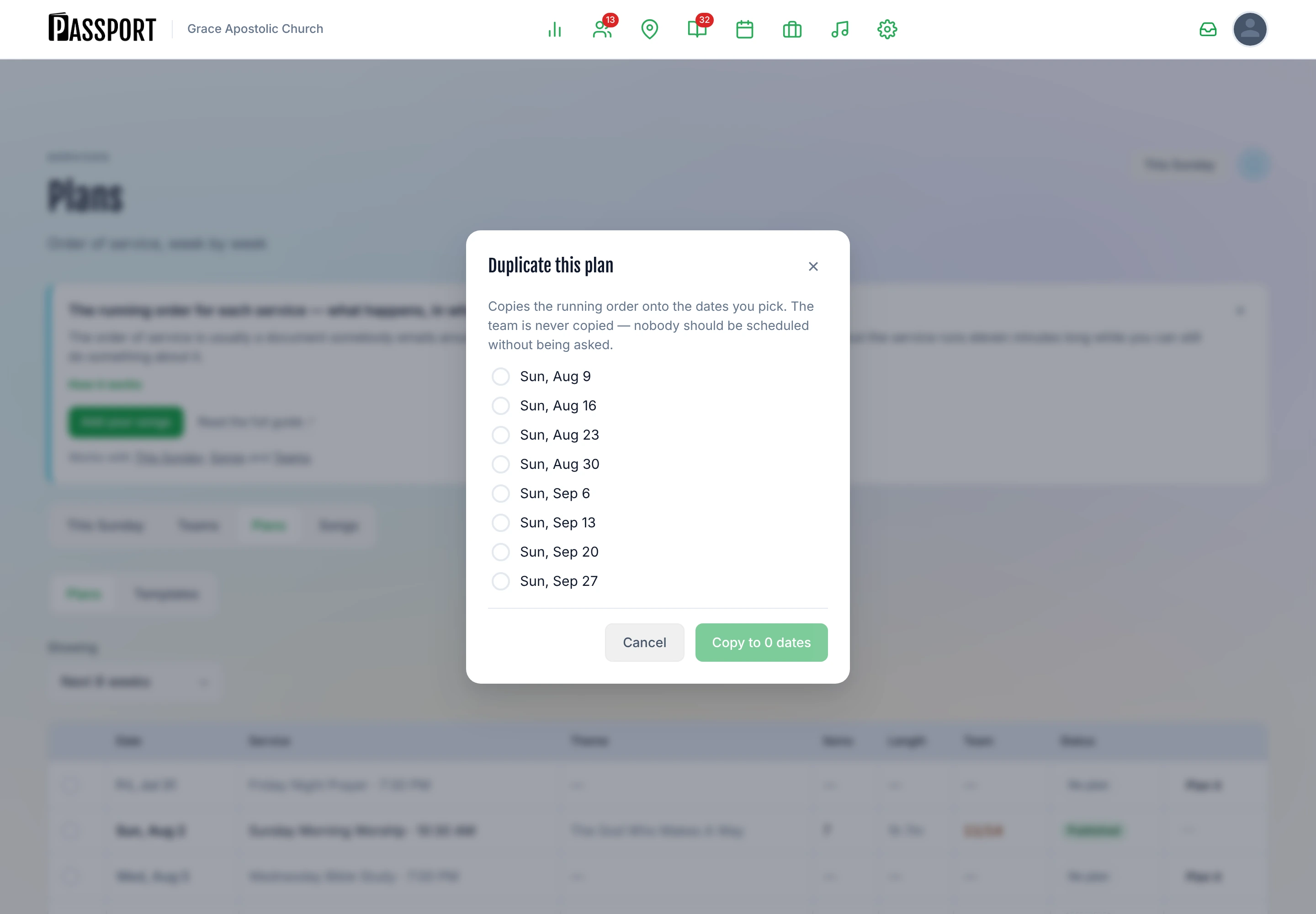 The Duplicate this plan dialog listing the next eight Sunday dates with checkboxes, and a note that the team is never copied