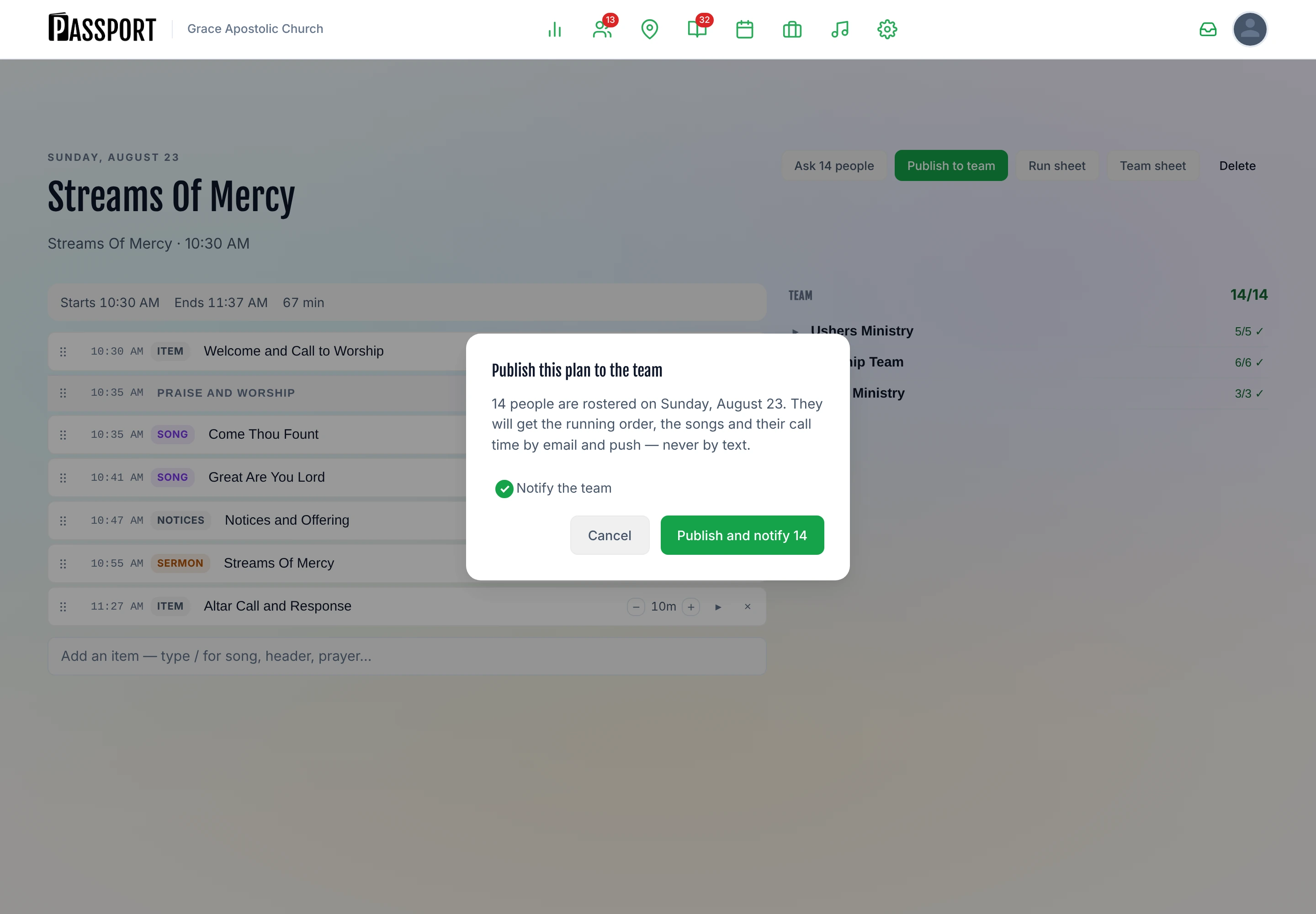 The Publish this plan to the team dialog saying how many people are rostered on the date, with a ticked Notify the team checkbox and a Publish and notify button carrying the same count