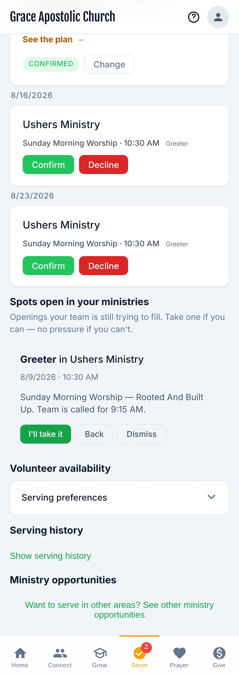 The Serve tab's Spots open in your ministries card, showing a Greeter slot in Ushers Ministry on an upcoming Sunday, opened with View Details to show the I'll take it button