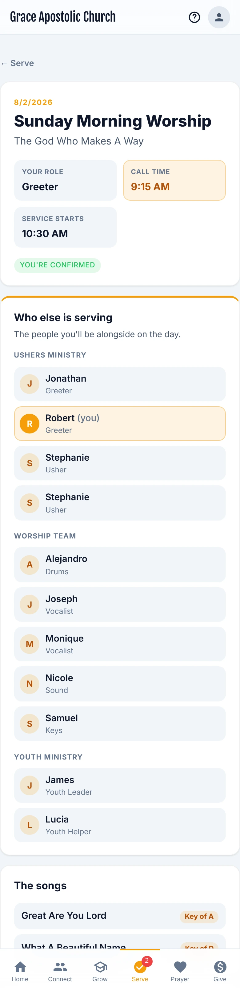 The plan view on a phone showing a call time of 9:15 AM, who else is serving grouped by ministry, the two songs with the key each is in for this service, the order of the morning, and the notes from the leader