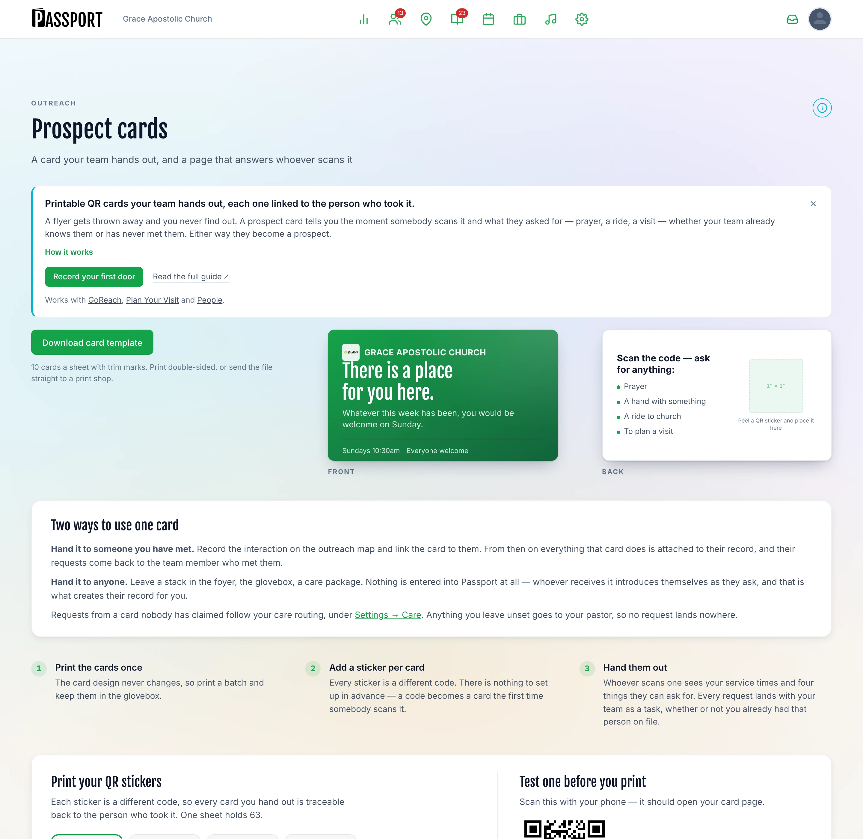 The prospect card kit, showing the two ways to use a card and the sheet of unique QR codes ready to print