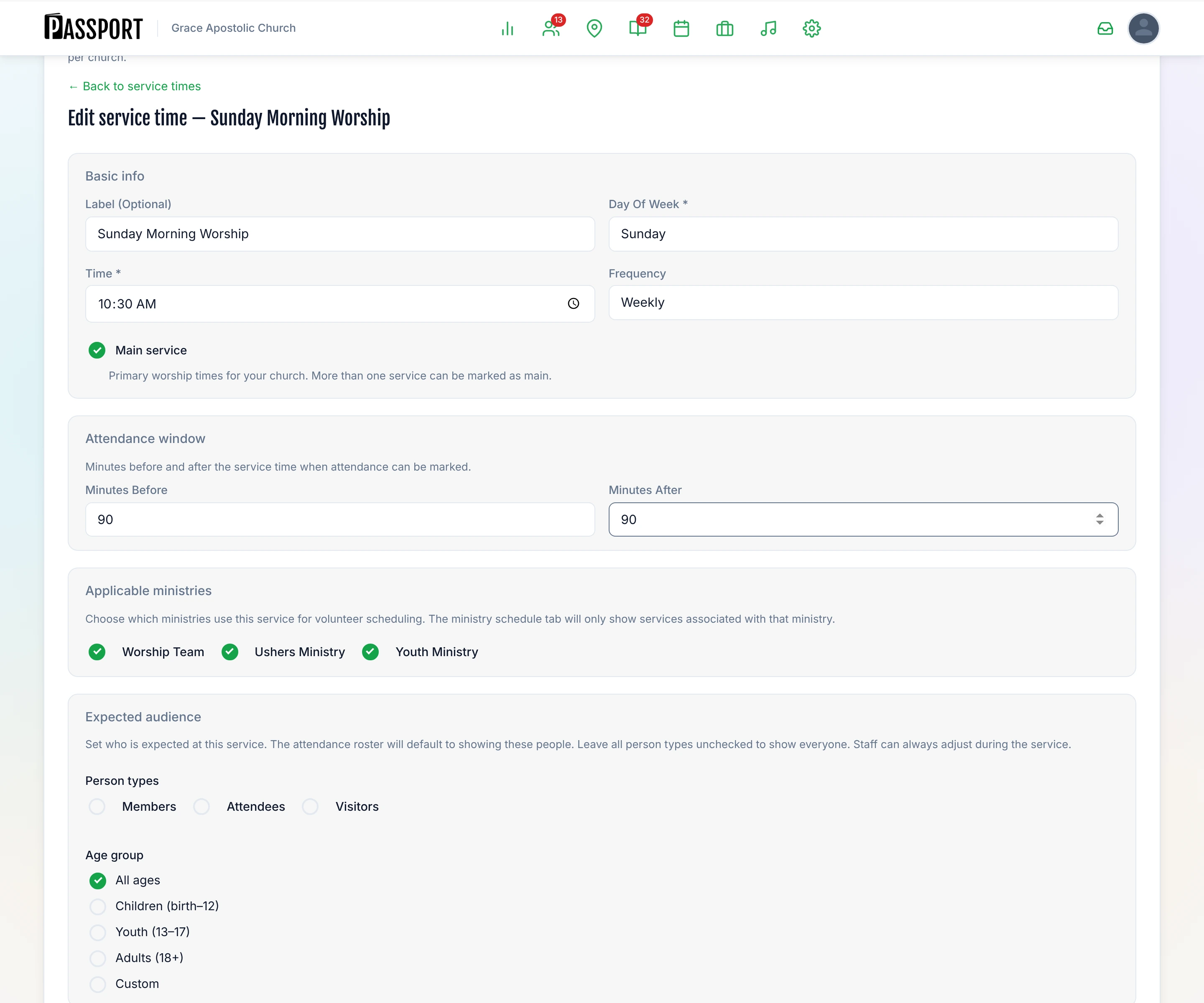 The Edit service time form for Sunday Morning Worship, with Worship Team, Ushers Ministry and Youth Ministry all ticked under Applicable ministries