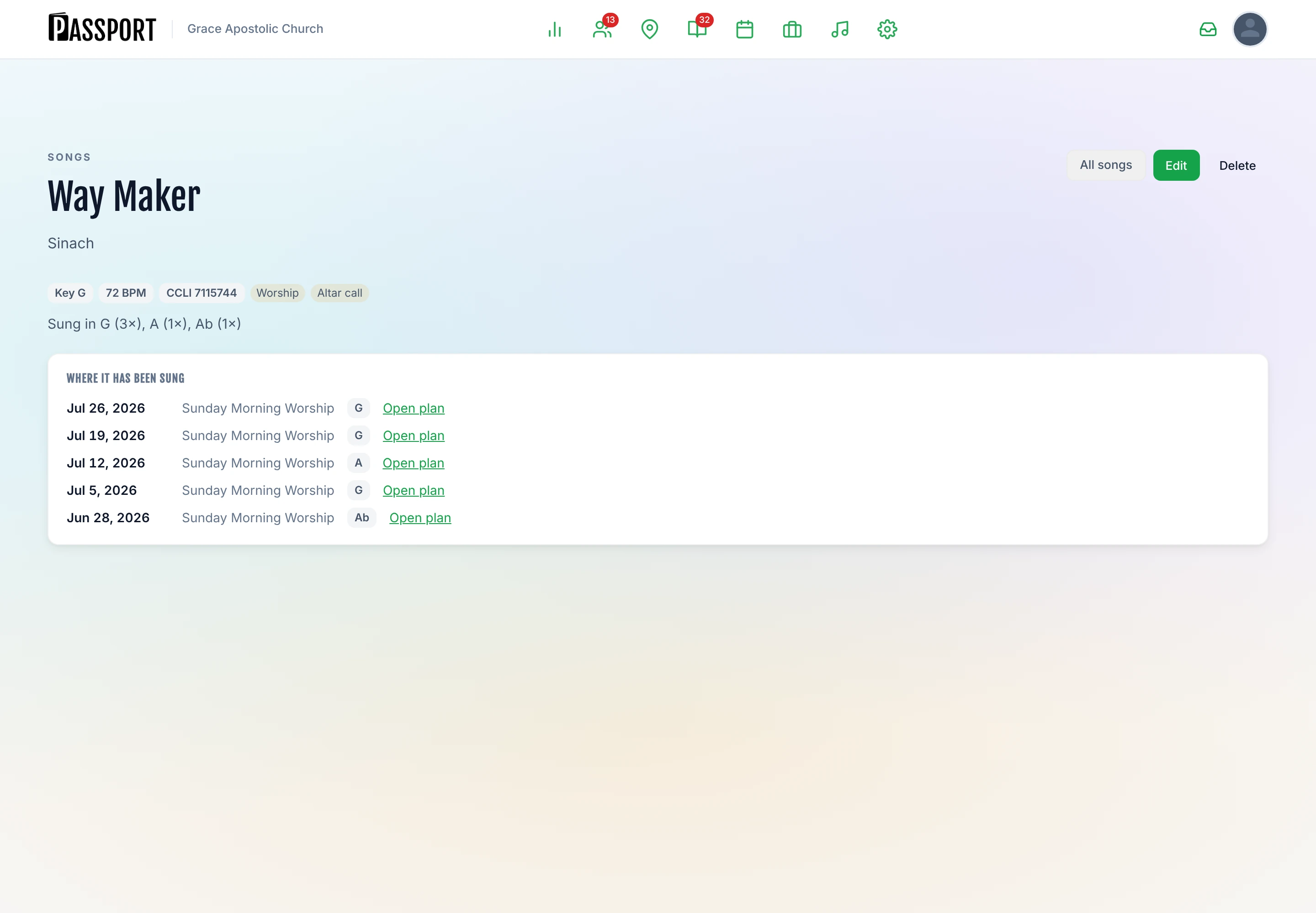 The song detail page for Way Maker showing its key, tempo and CCLI number as chips, above a Where it has been sung list of the five service dates it has been used on, each with the key it was sung in