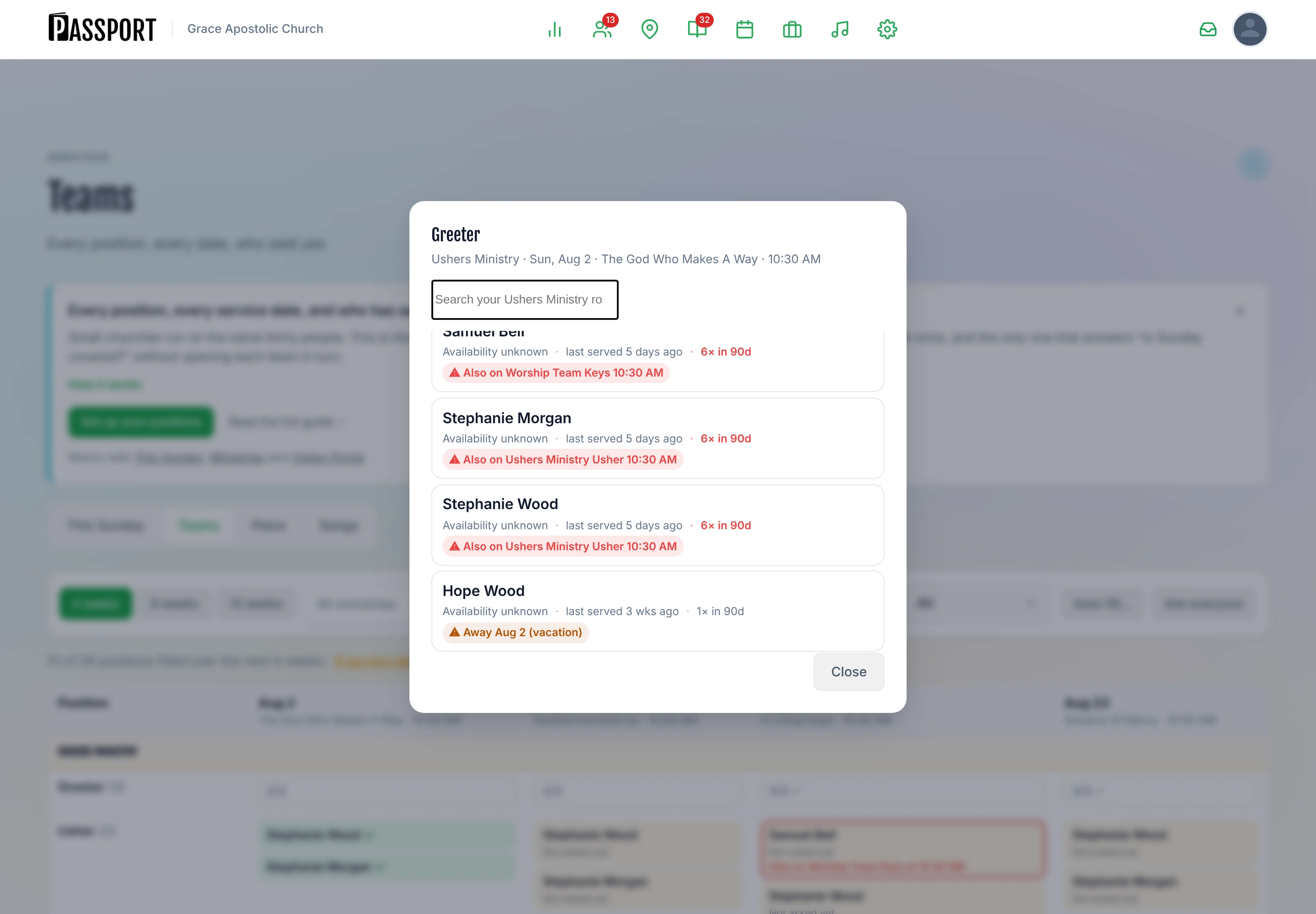 The volunteer picker open over the Teams matrix, listing eligible people for the Greeter position, each with their availability, a note such as last served 3 wks ago, how many times they have served in 90 days, and a warning badge where they are already booked elsewhere or away