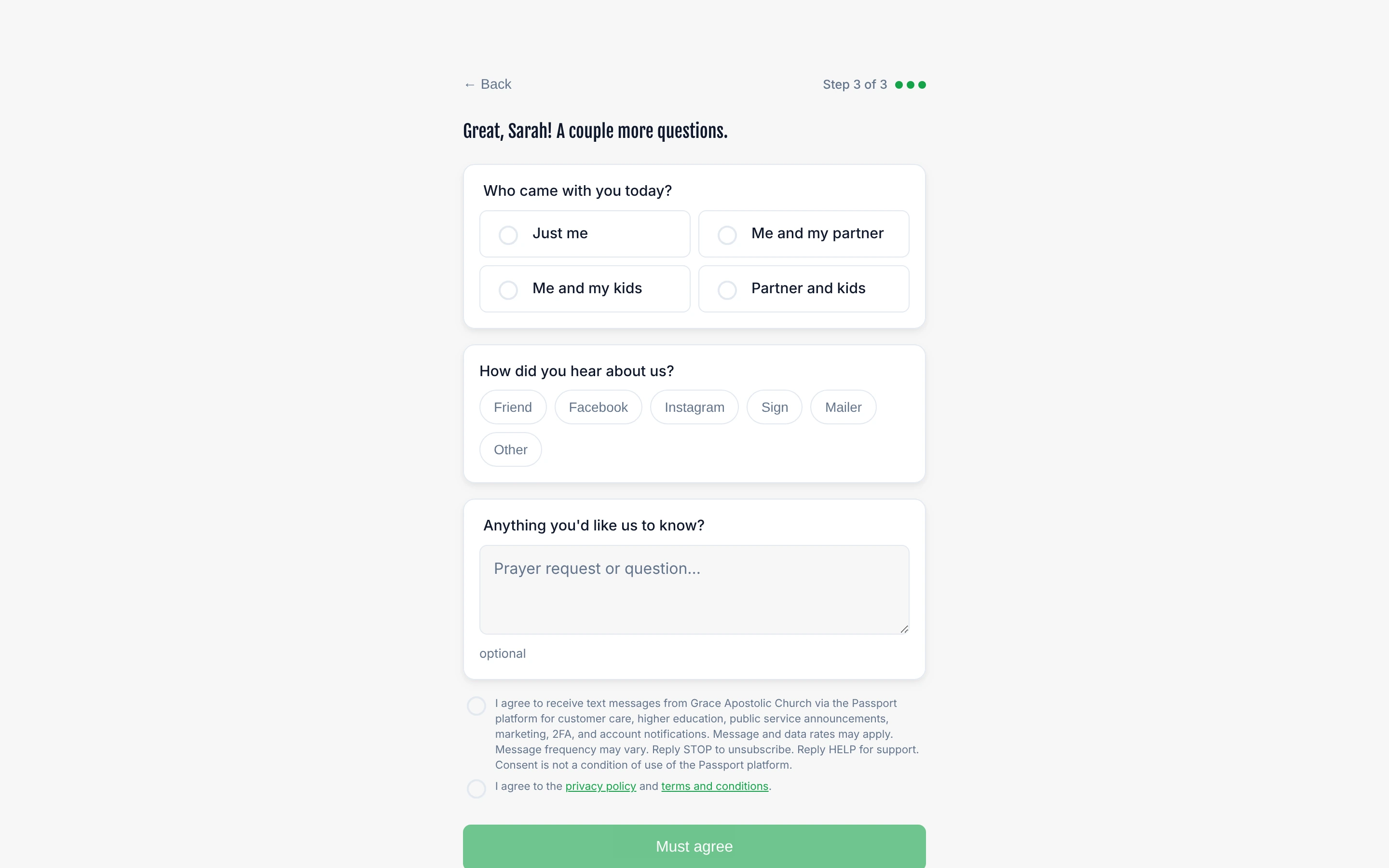 Connection card family step showing who came with options and referral source dropdown